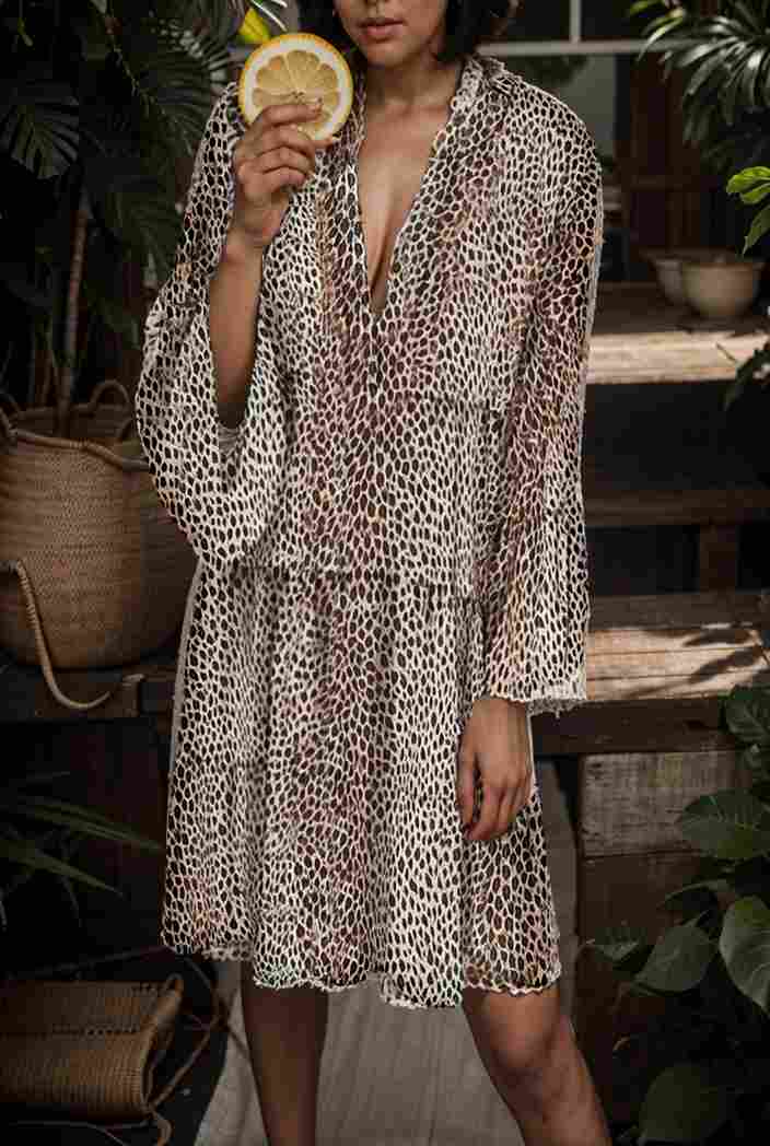 loose leopard print v neck dress drop shoulder a line closed cape paneled 131199