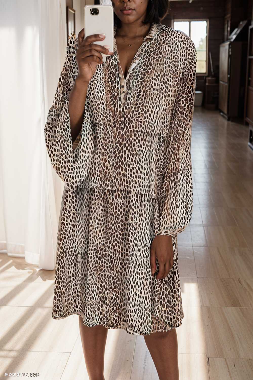 loose leopard print v neck dress drop shoulder a line closed cape paneled 118106