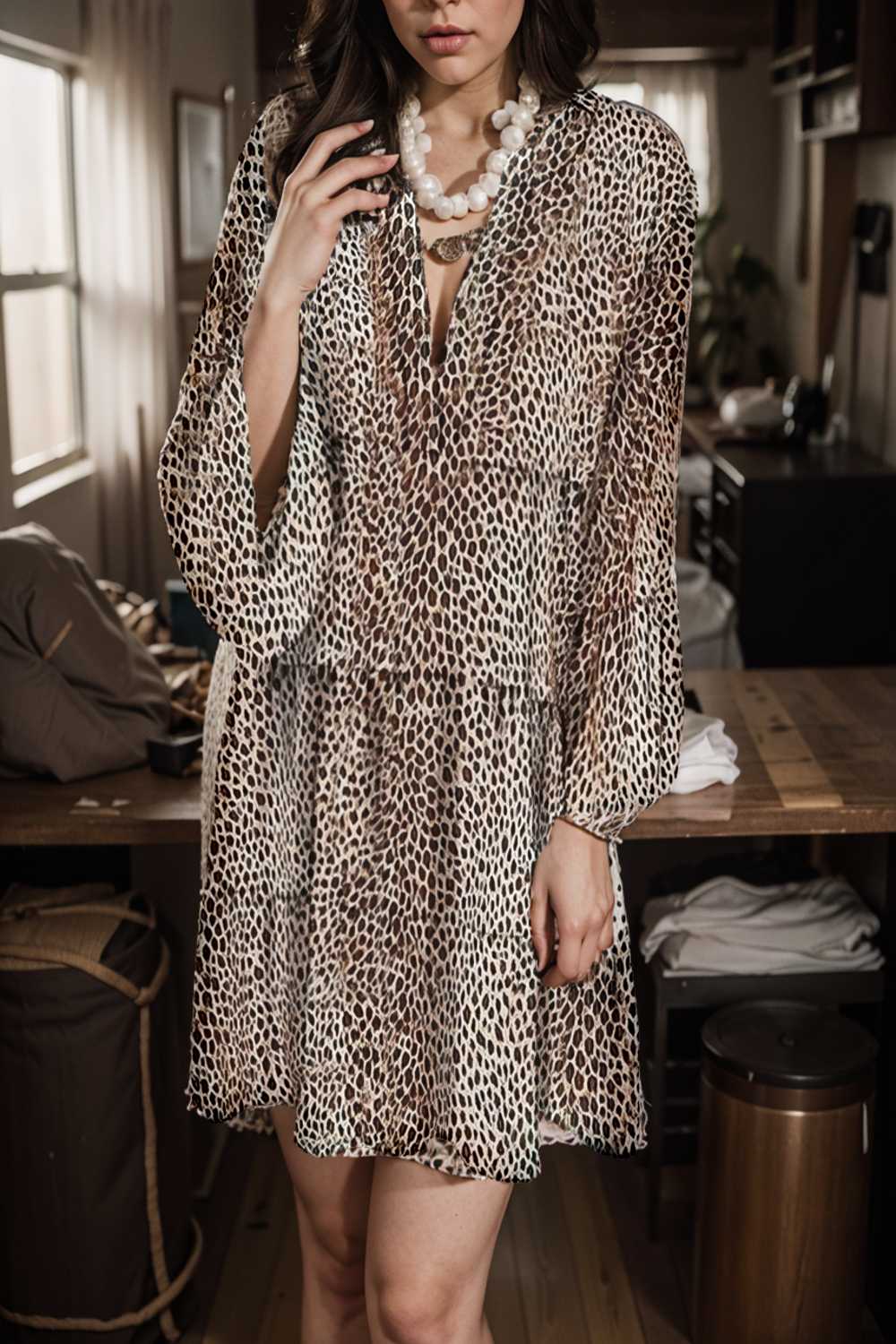 loose leopard print v neck dress drop shoulder a line closed cape paneled 143649