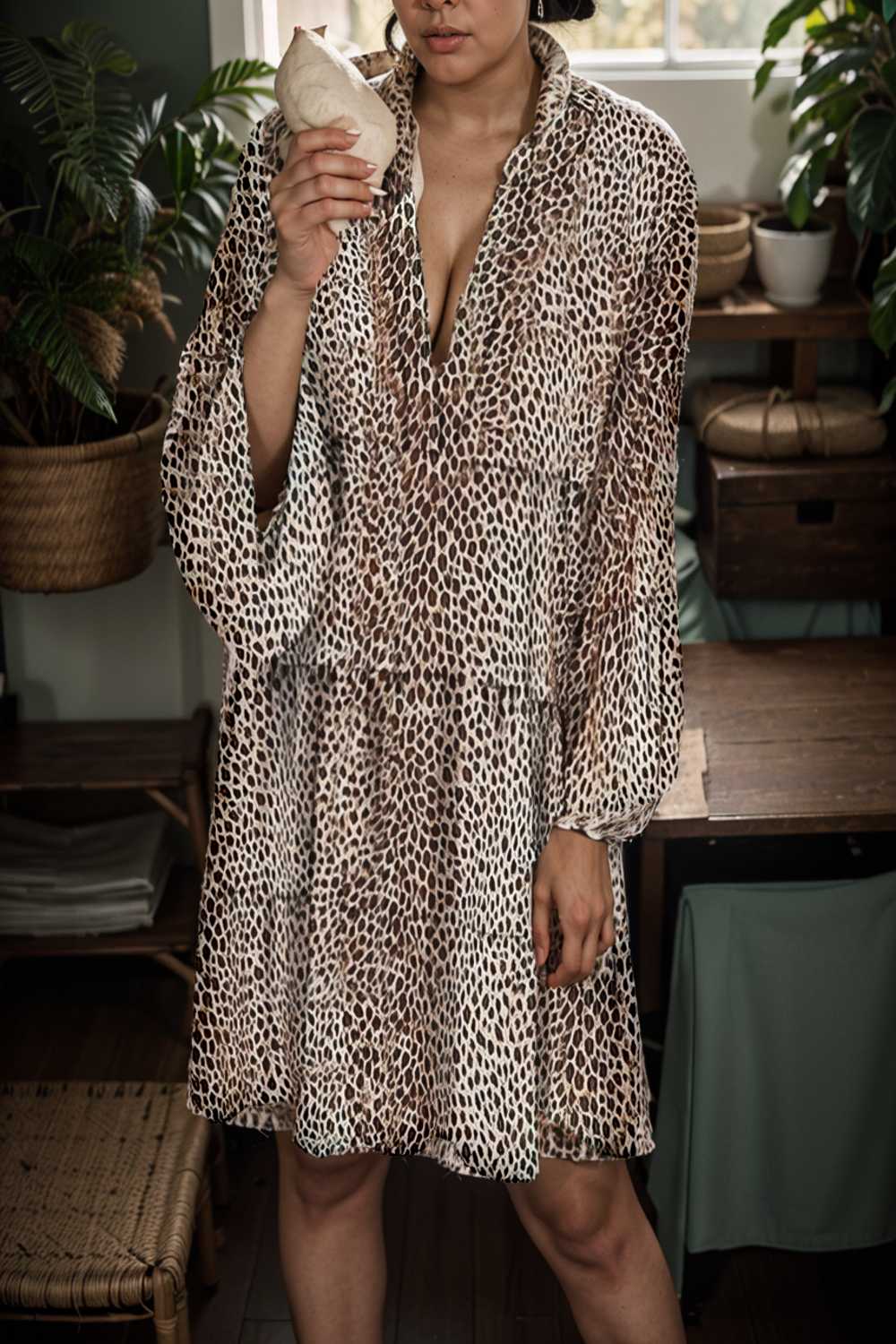 loose leopard print v neck dress drop shoulder a line closed cape paneled 133229