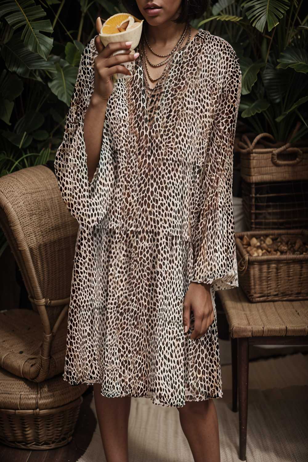 loose leopard print v neck dress drop shoulder a line closed cape paneled 143648