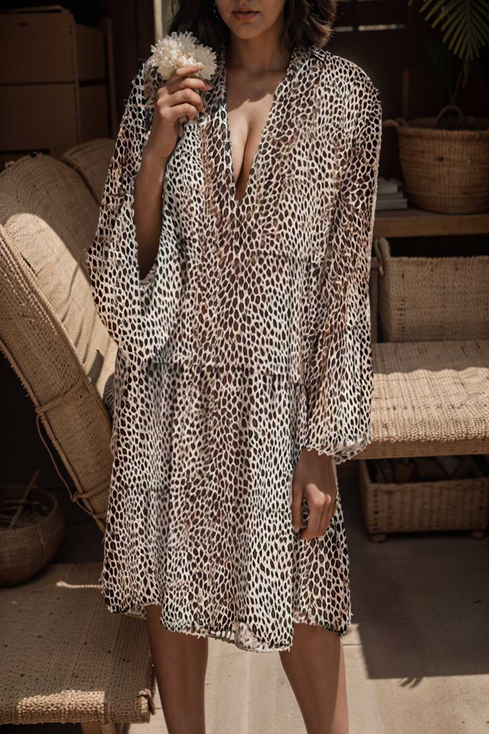 loose leopard print v neck dress drop shoulder a line closed cape paneled 133228