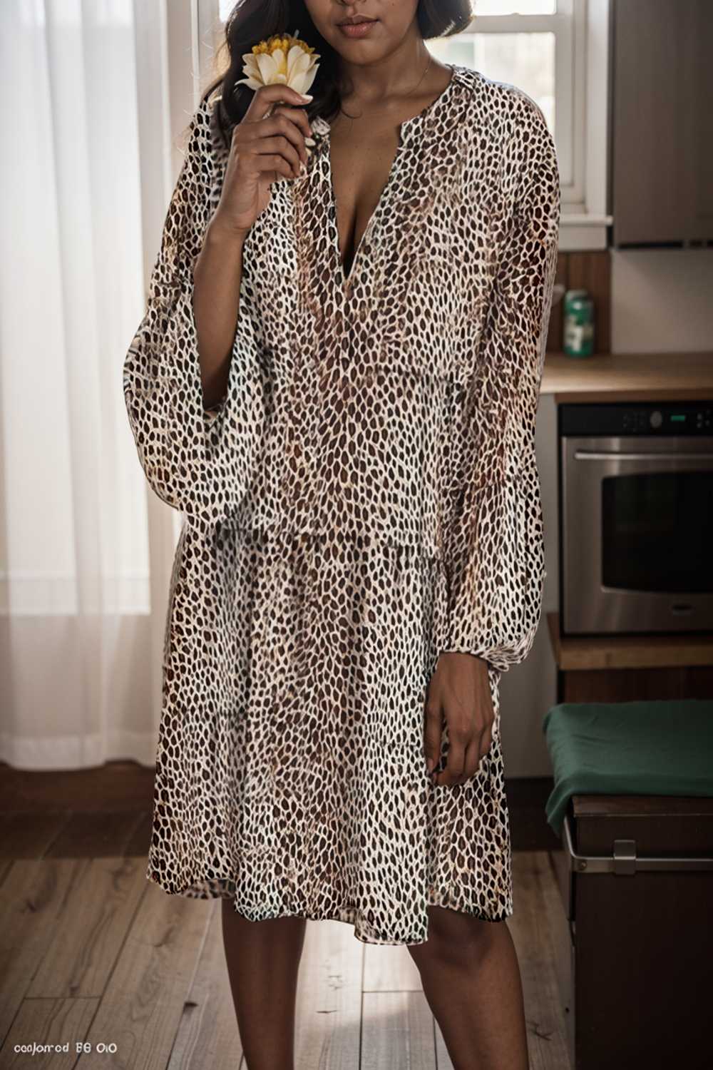 loose leopard print v neck dress drop shoulder a line closed cape paneled 118104