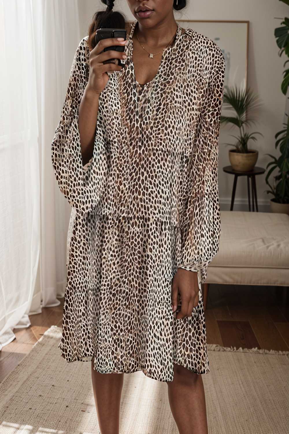 loose leopard print v neck dress drop shoulder a line closed cape paneled 143647