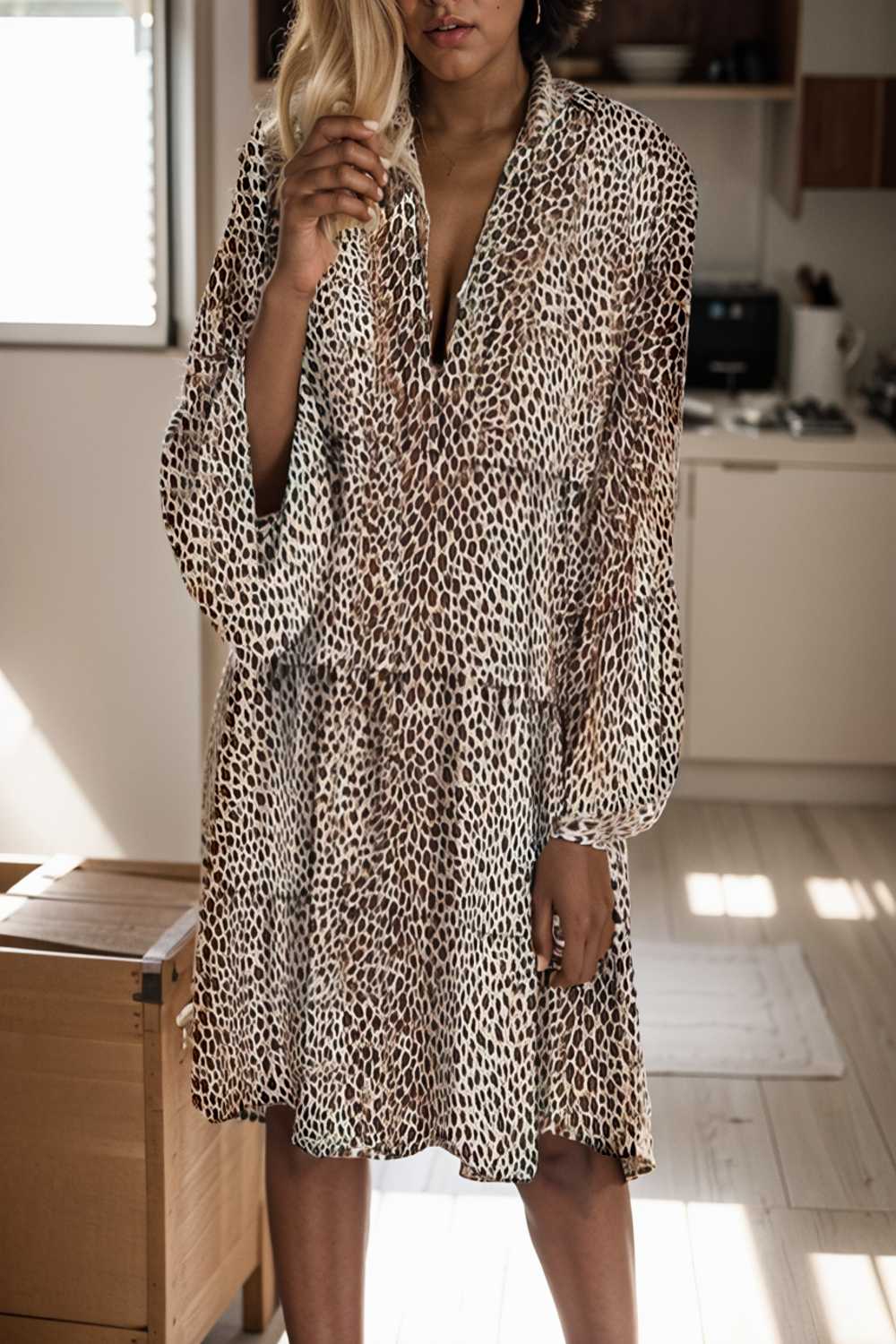 loose leopard print v neck dress drop shoulder a line closed cape paneled 133227
