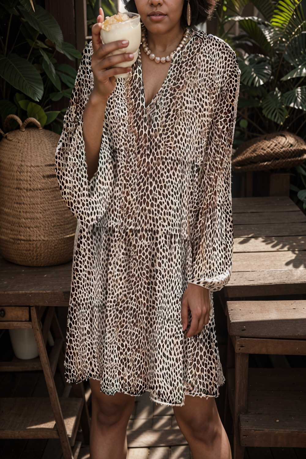loose leopard print v neck dress drop shoulder a line closed cape paneled 133226