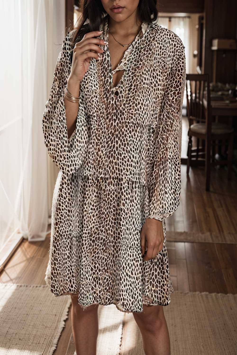 loose leopard print v neck dress drop shoulder a line closed cape paneled 143646