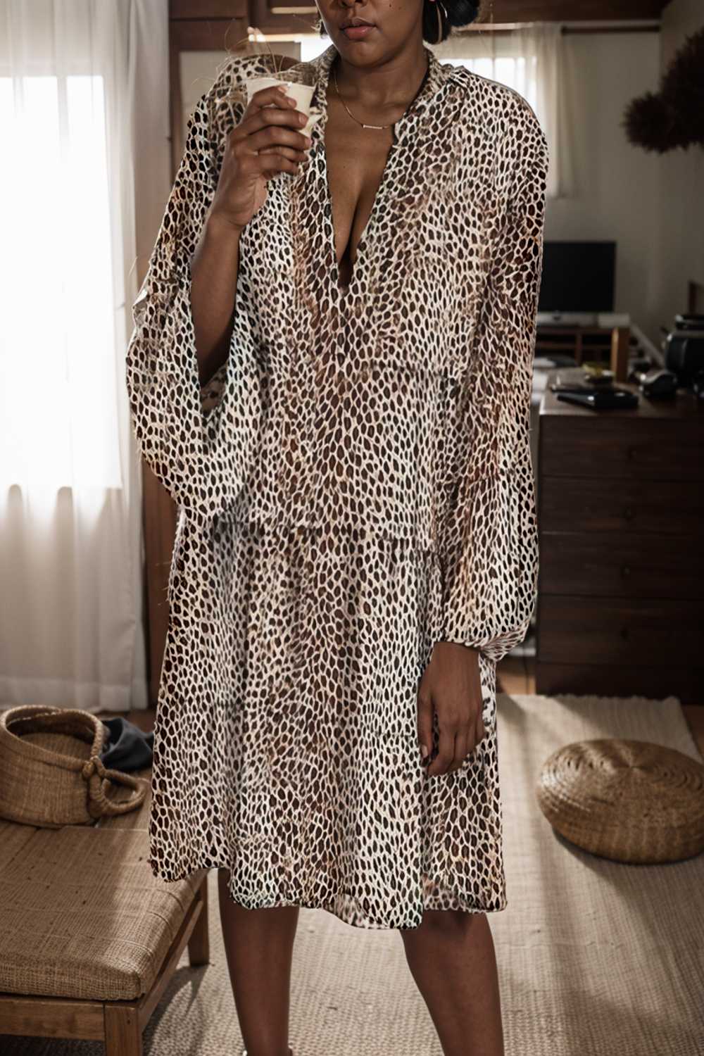 loose leopard print v neck dress drop shoulder a line closed cape paneled 118103