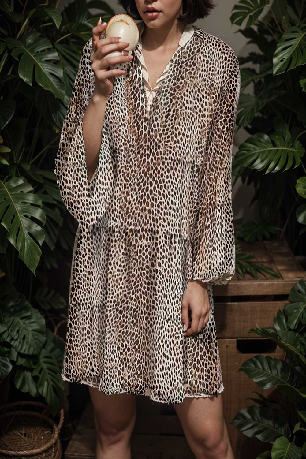 loose leopard print v neck dress drop shoulder a line closed cape paneled 143645