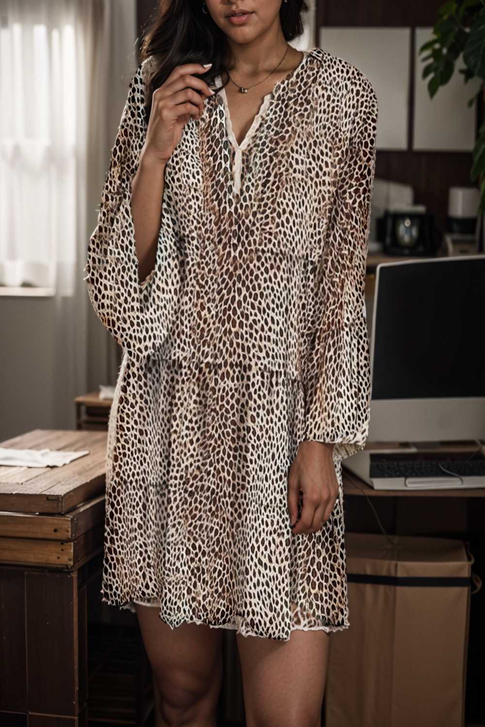 loose leopard print v neck dress drop shoulder a line closed cape paneled 118101