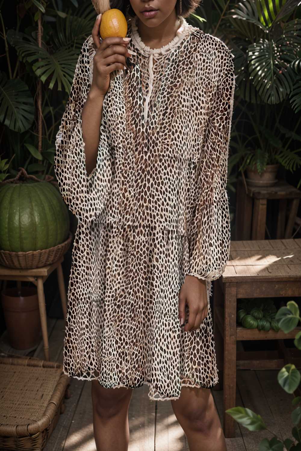 loose leopard print v neck dress drop shoulder a line closed cape paneled 143644
