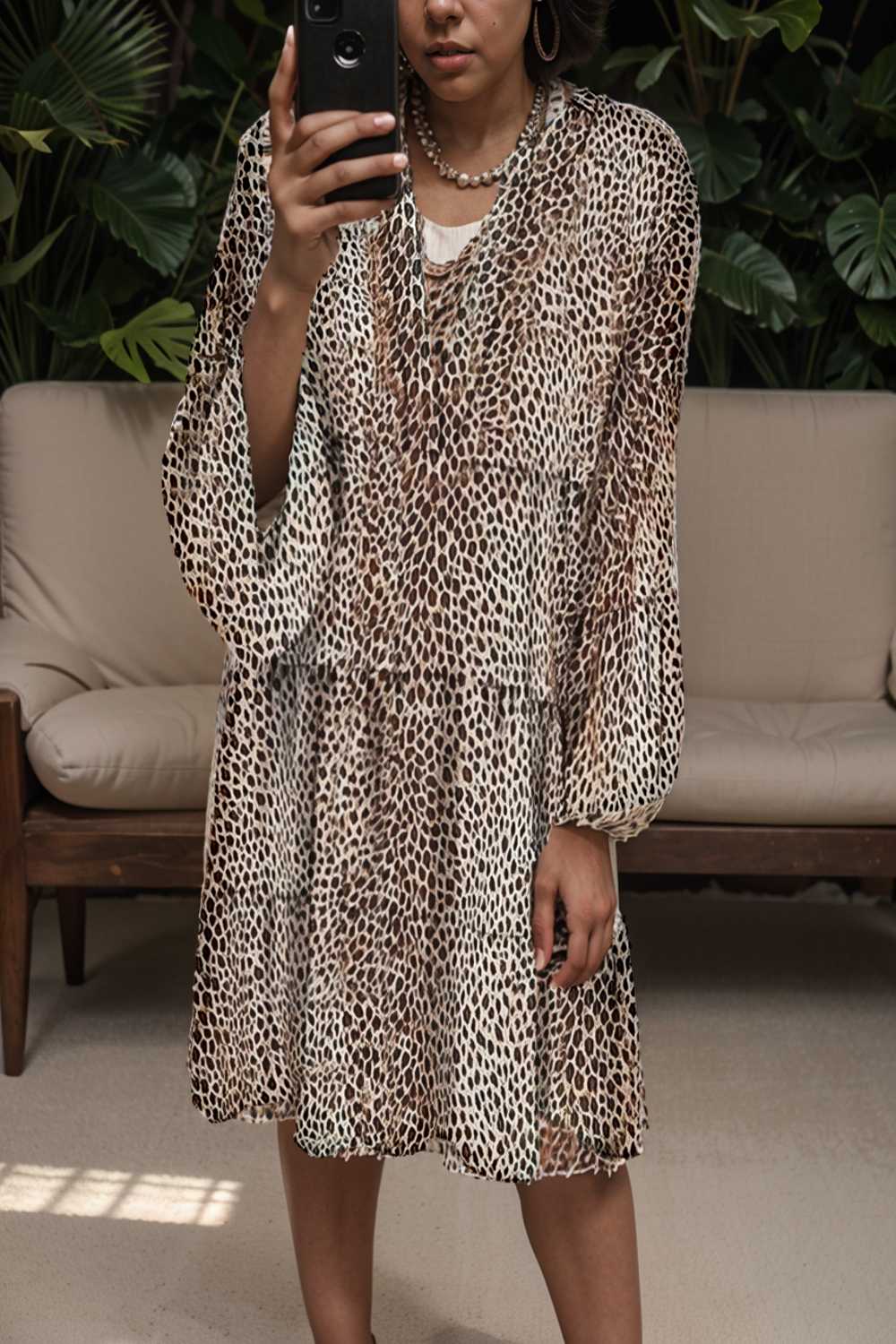 loose leopard print v neck dress drop shoulder a line closed cape paneled 118100