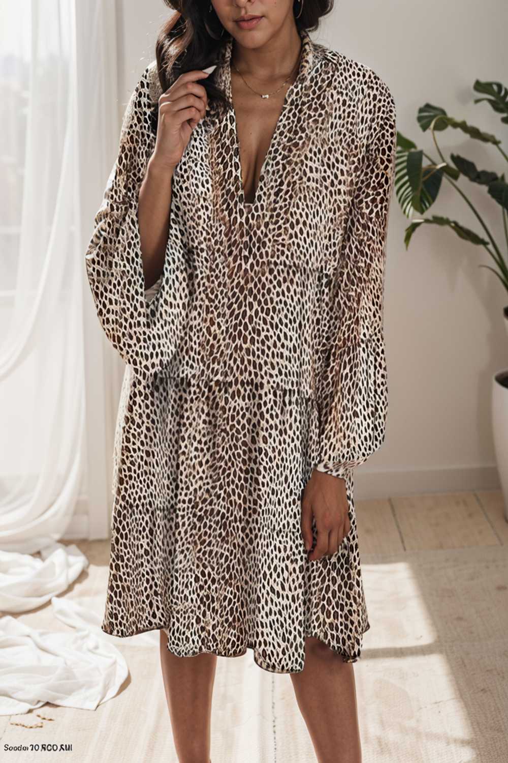 loose leopard print v neck dress drop shoulder a line closed cape paneled 117642