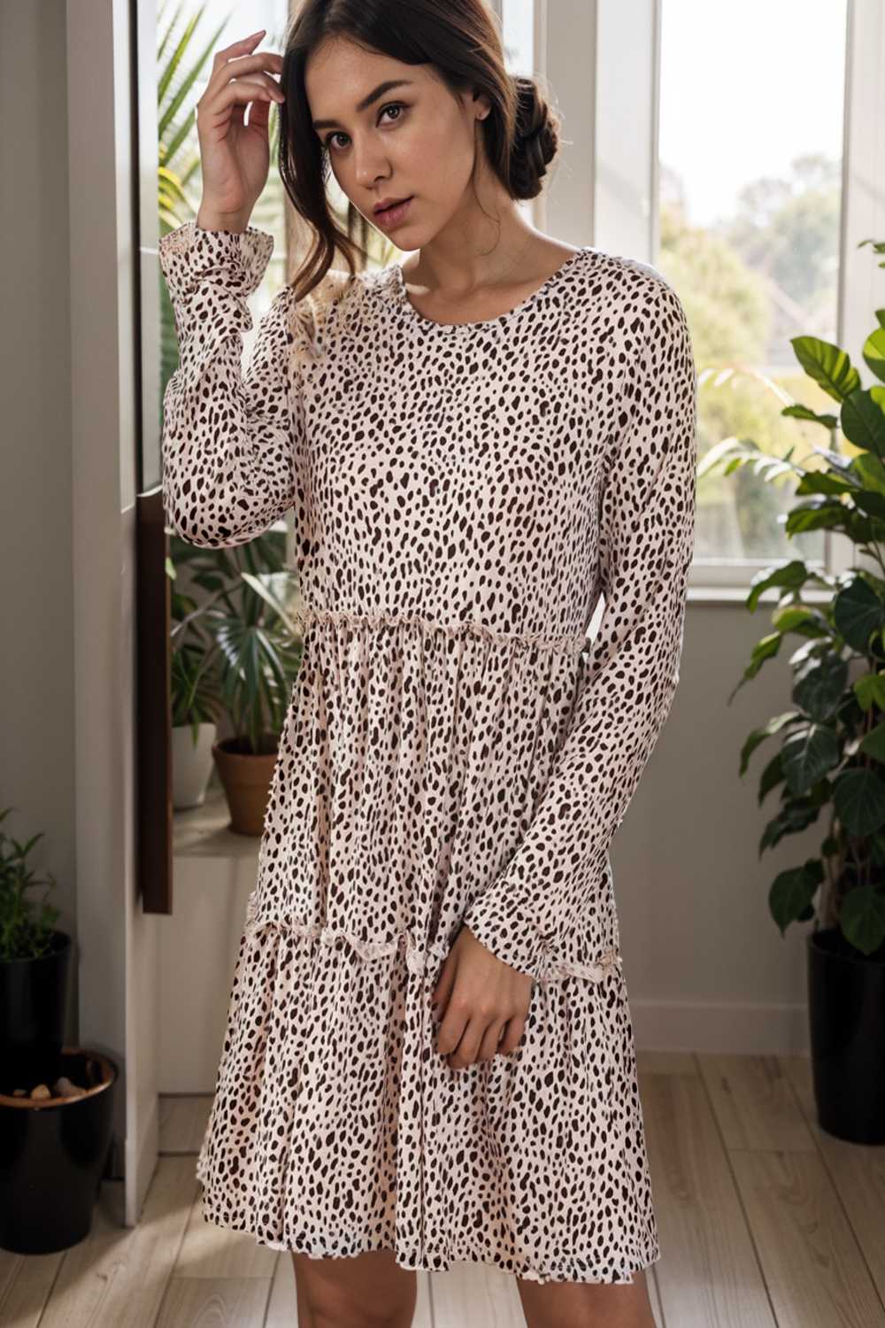 loose leopard print v neck dress drop shoulder a line closed cape paneled 127575
