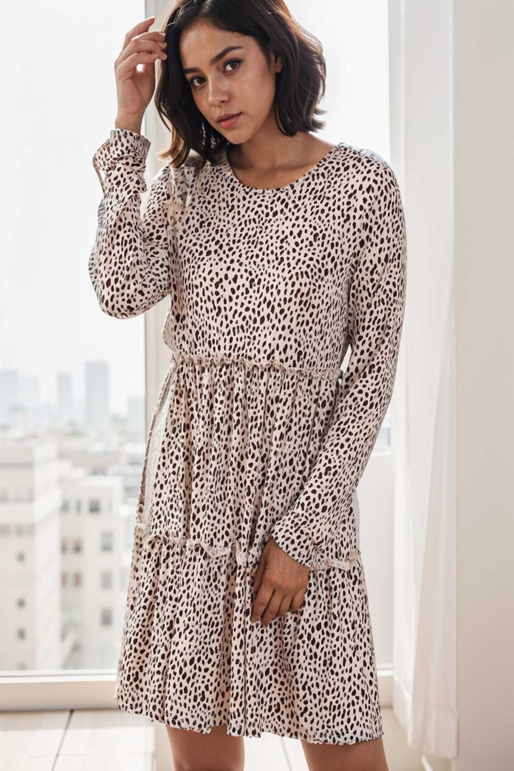 loose leopard print v neck dress drop shoulder a line closed cape paneled 129668