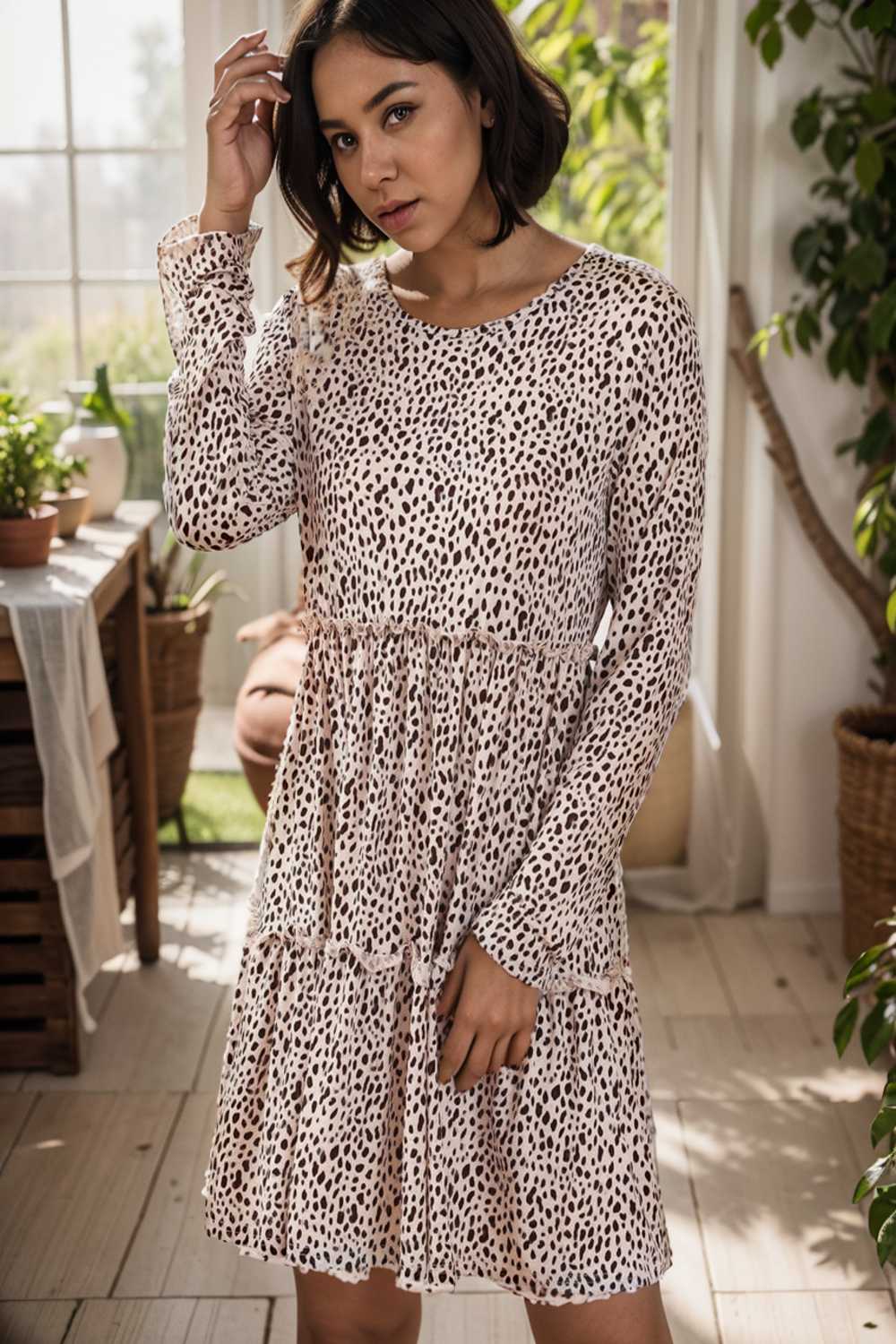 loose leopard print v neck dress drop shoulder a line closed cape paneled 126846