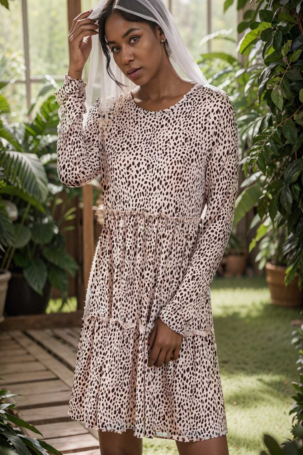 loose leopard print v neck dress drop shoulder a line closed cape paneled 126384