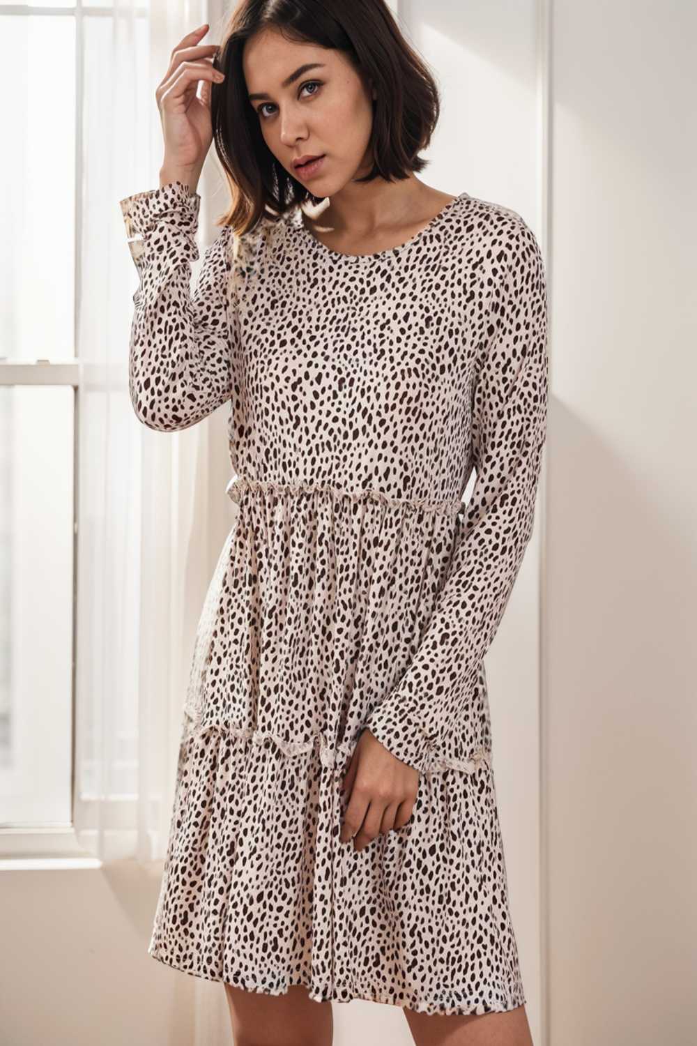 loose leopard print v neck dress drop shoulder a line closed cape paneled 136000