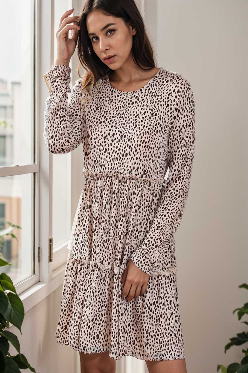 loose leopard print v neck dress drop shoulder a line closed cape paneled 136574
