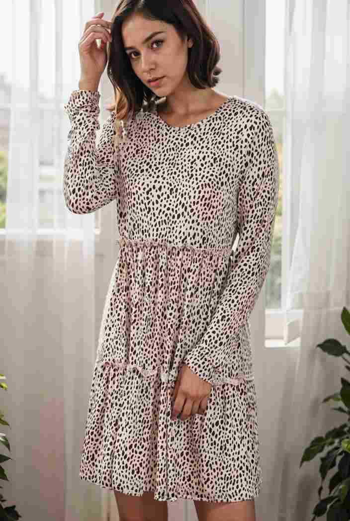 loose leopard print v neck dress drop shoulder a line closed cape paneled 118823