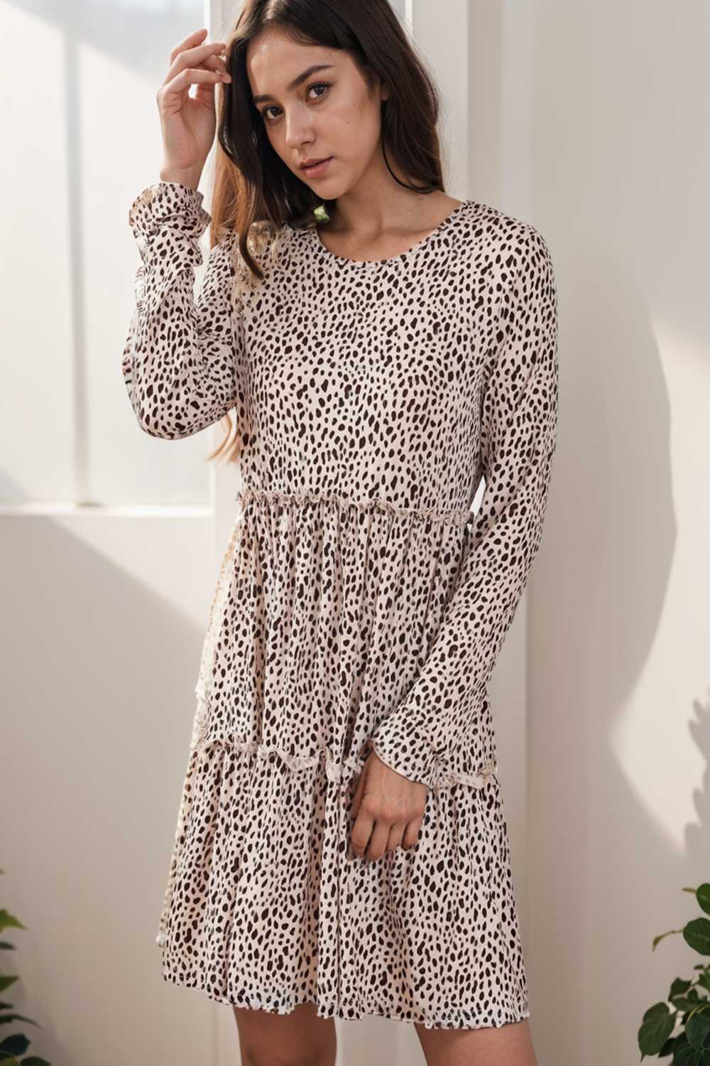 loose leopard print v neck dress drop shoulder a line closed cape paneled 133224