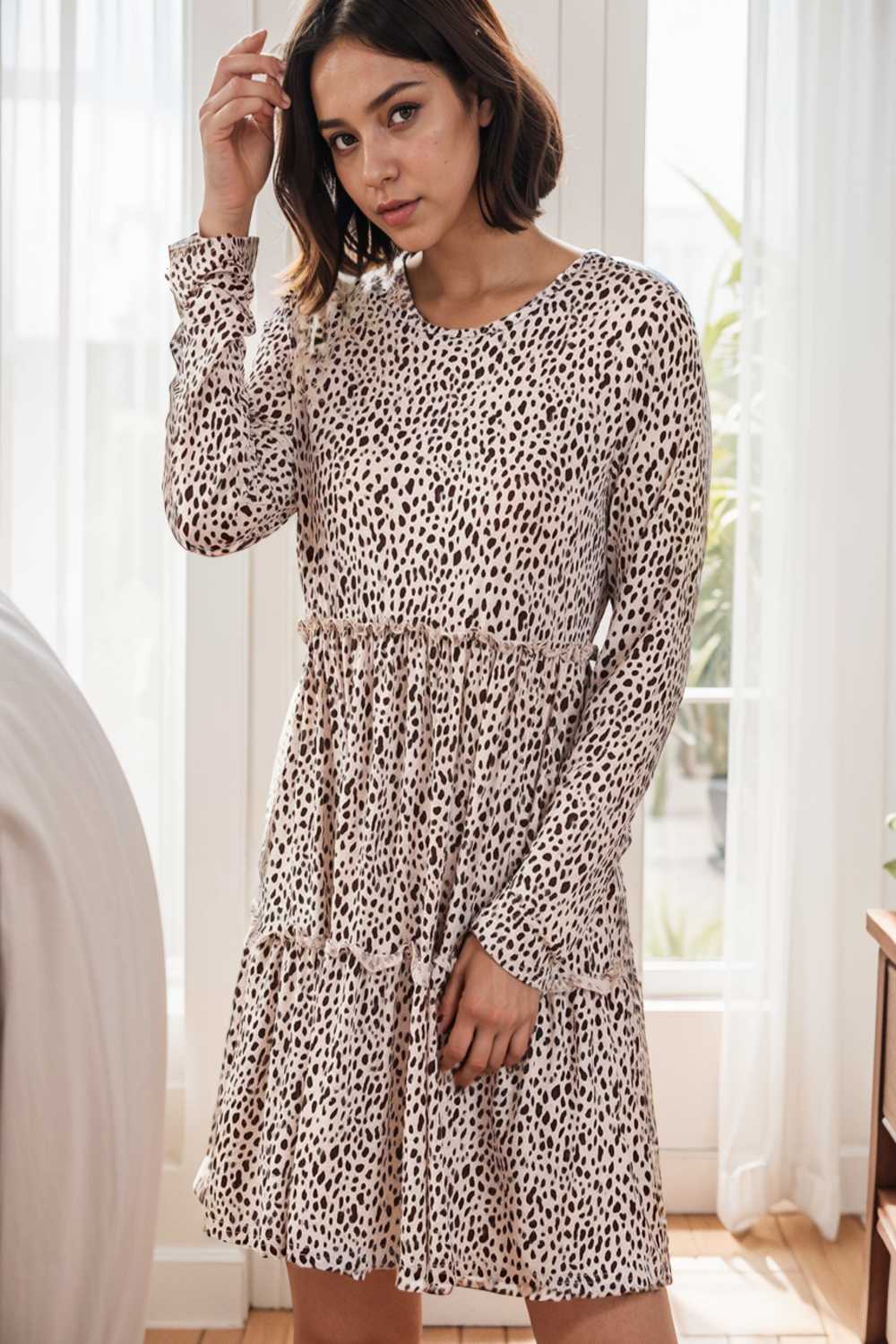 loose leopard print v neck dress drop shoulder a line closed cape paneled 130067