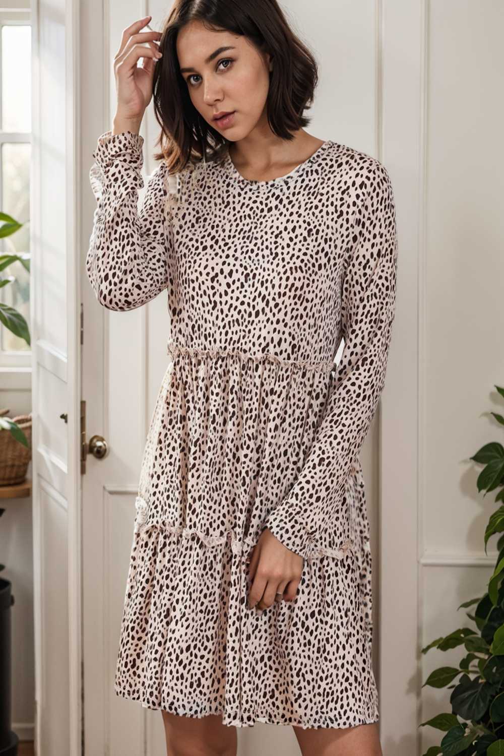 loose leopard print v neck dress drop shoulder a line closed cape paneled 141718