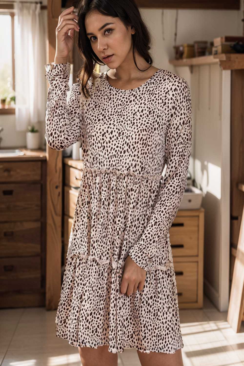 loose leopard print v neck dress drop shoulder a line closed cape paneled 112820