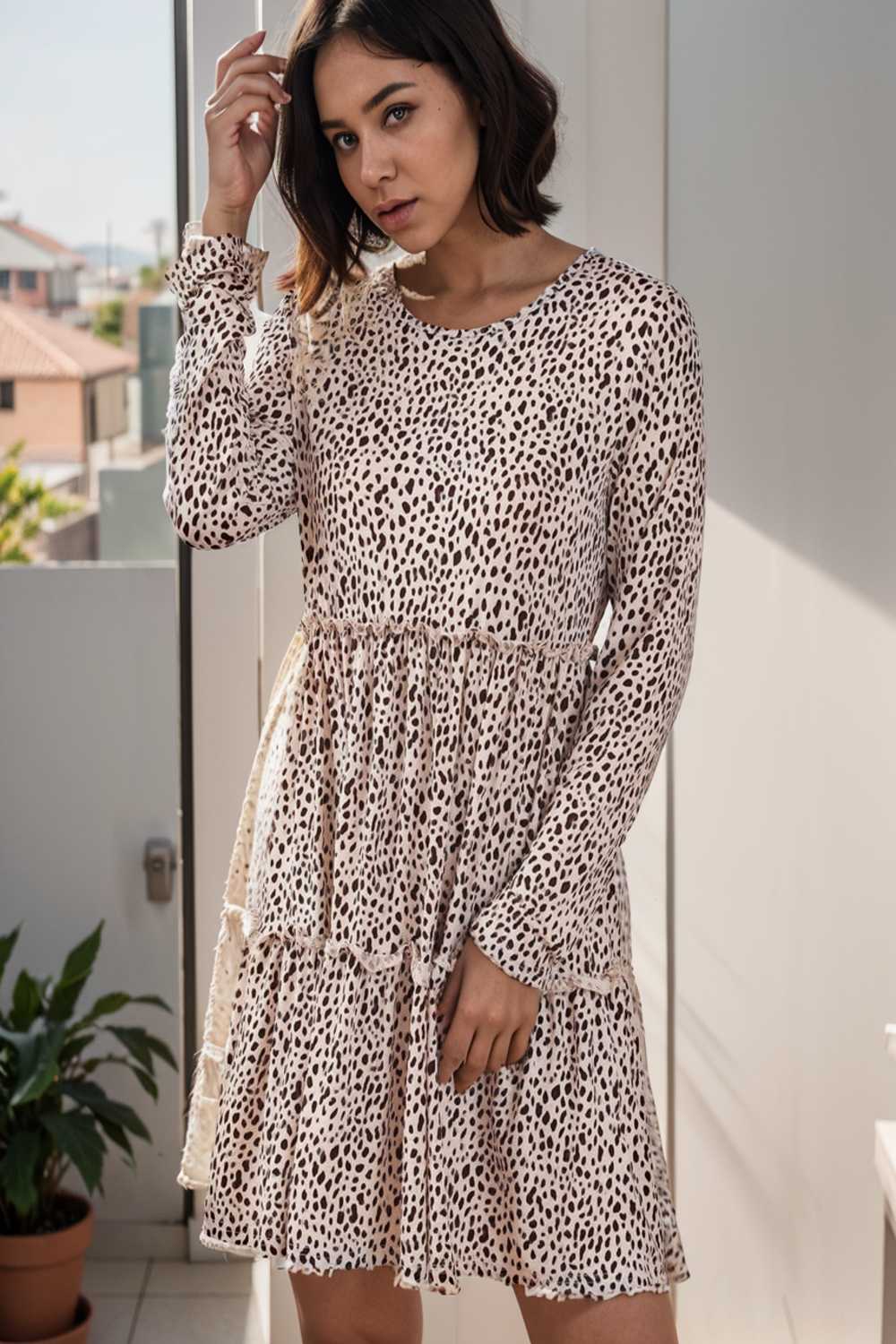 loose leopard print v neck dress drop shoulder a line closed cape paneled 135999