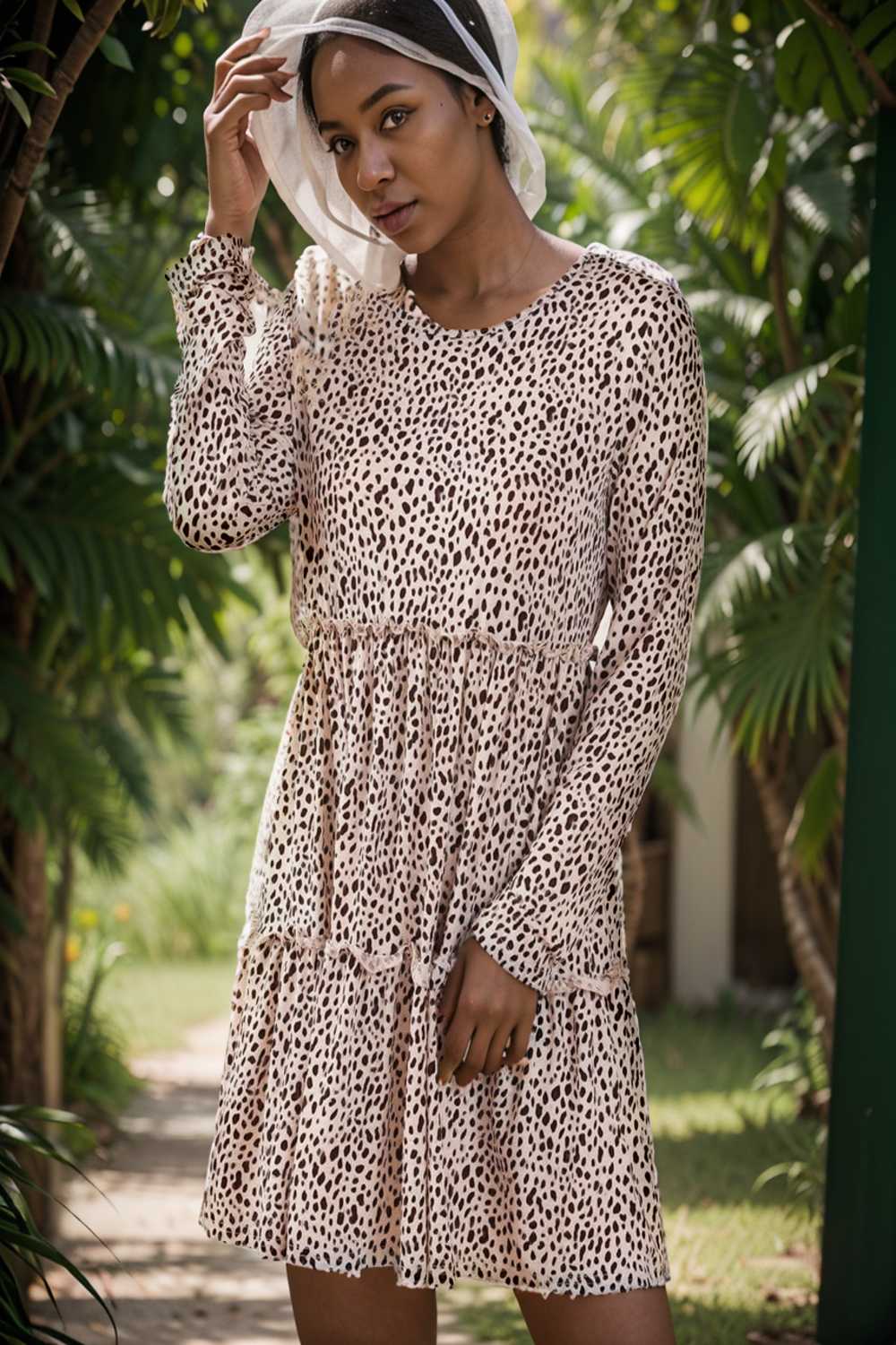 loose leopard print v neck dress drop shoulder a line closed cape paneled 127574