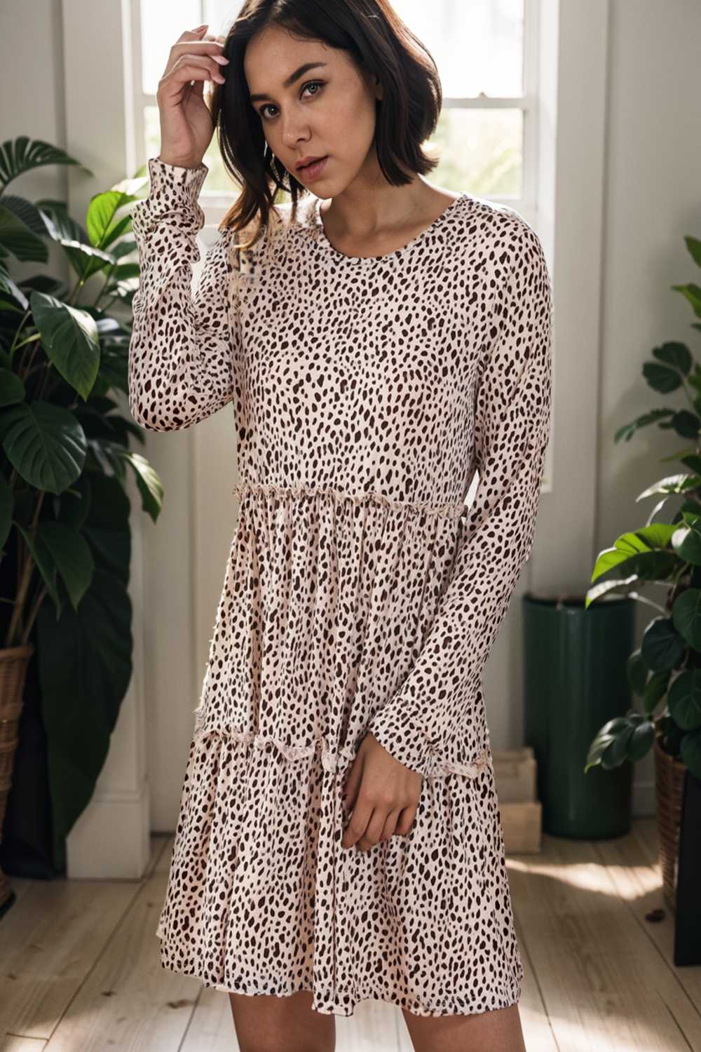 loose leopard print v neck dress drop shoulder a line closed cape paneled 142078