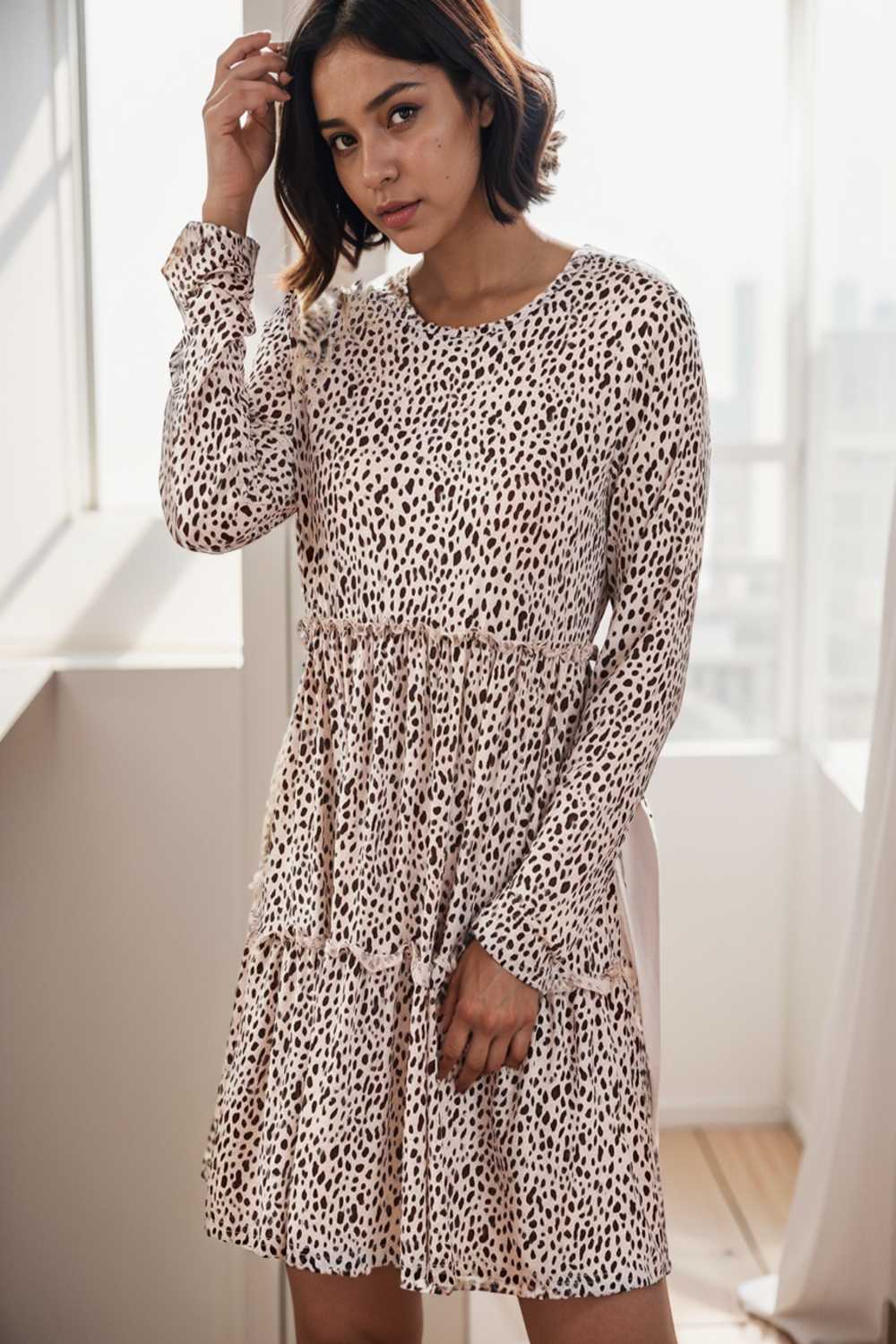 loose leopard print v neck dress drop shoulder a line closed cape paneled 131197