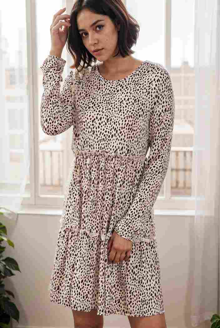 loose leopard print v neck dress drop shoulder a line closed cape paneled 118822