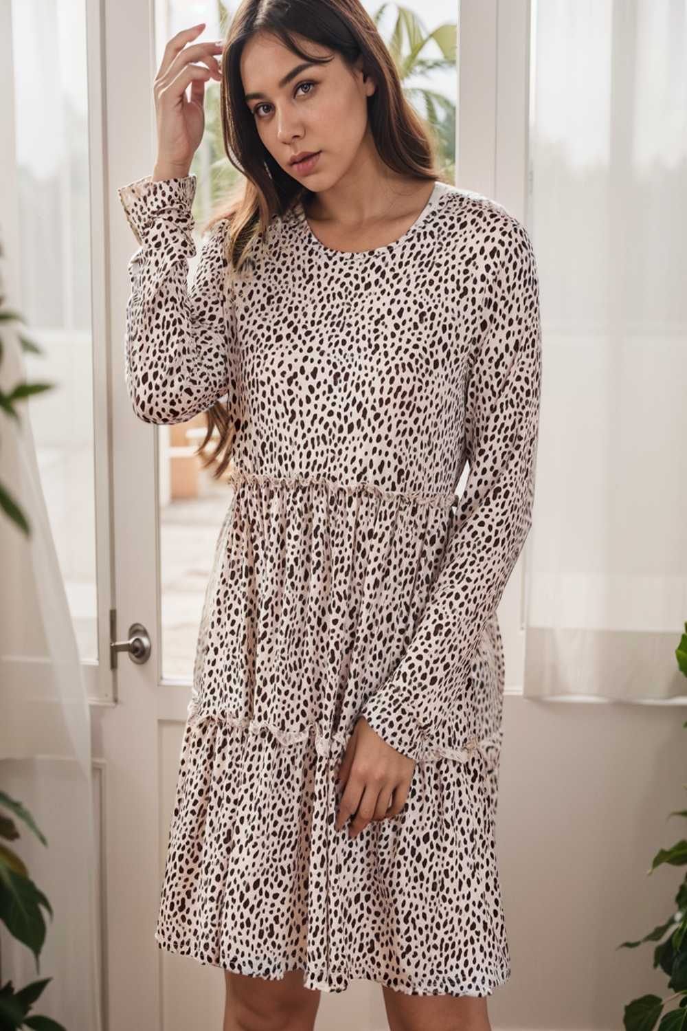 loose leopard print v neck dress drop shoulder a line closed cape paneled 143642