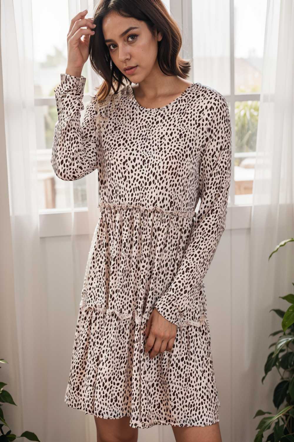 loose leopard print v neck dress drop shoulder a line closed cape paneled 118097