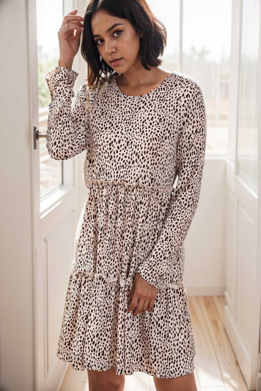 loose leopard print v neck dress drop shoulder a line closed cape paneled 133223