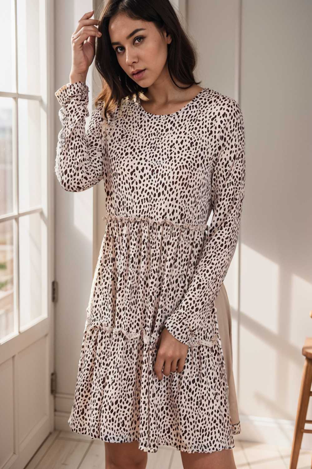 loose leopard print v neck dress drop shoulder a line closed cape paneled 135998