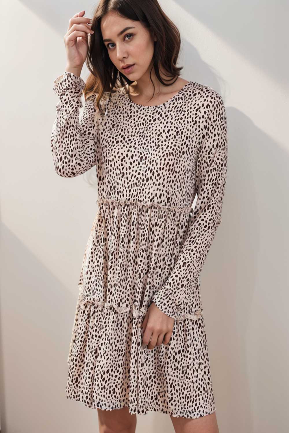 loose leopard print v neck dress drop shoulder a line closed cape paneled 127573