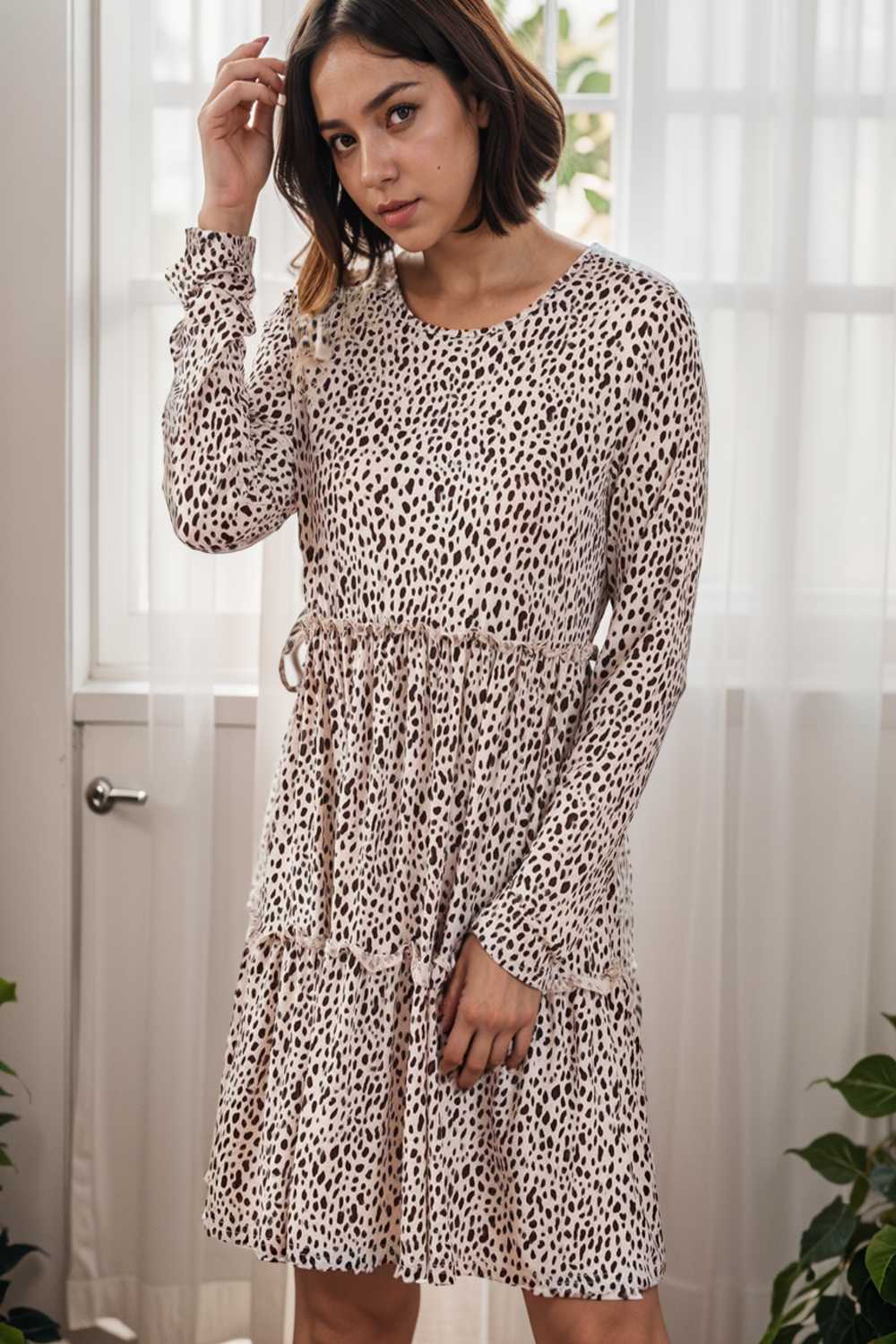 loose leopard print v neck dress drop shoulder a line closed cape paneled 133222