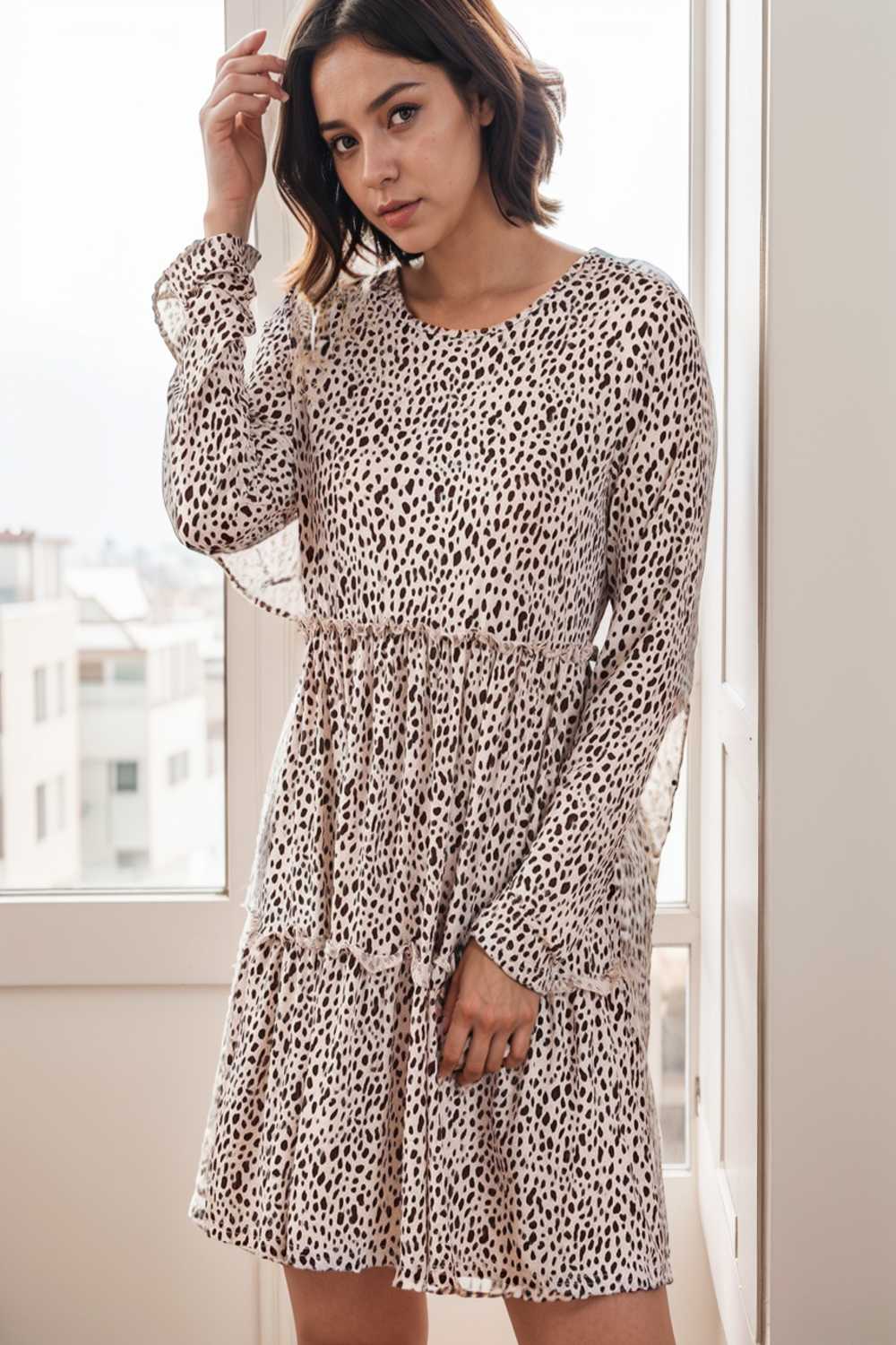 loose leopard print v neck dress drop shoulder a line closed cape paneled 118096