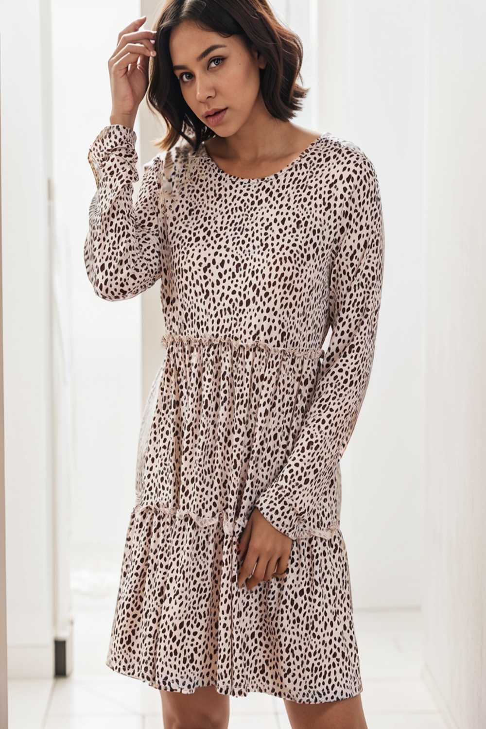 loose leopard print v neck dress drop shoulder a line closed cape paneled 143640
