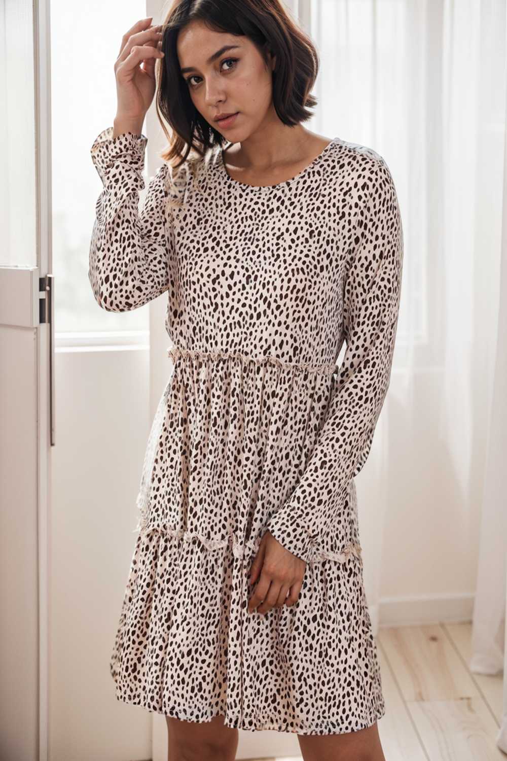 loose leopard print v neck dress drop shoulder a line closed cape paneled 118095