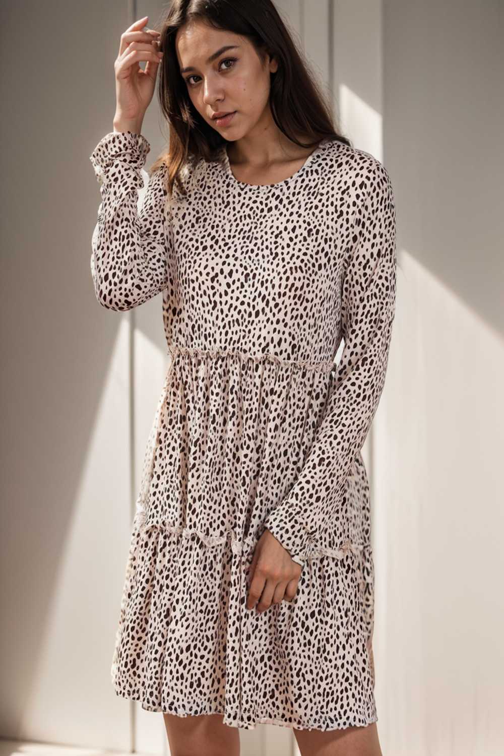 loose leopard print v neck dress drop shoulder a line closed cape paneled 133221