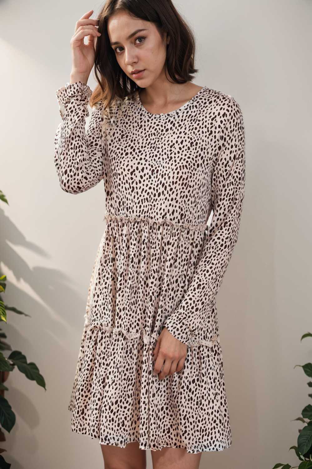 loose leopard print v neck dress drop shoulder a line closed cape paneled 118094