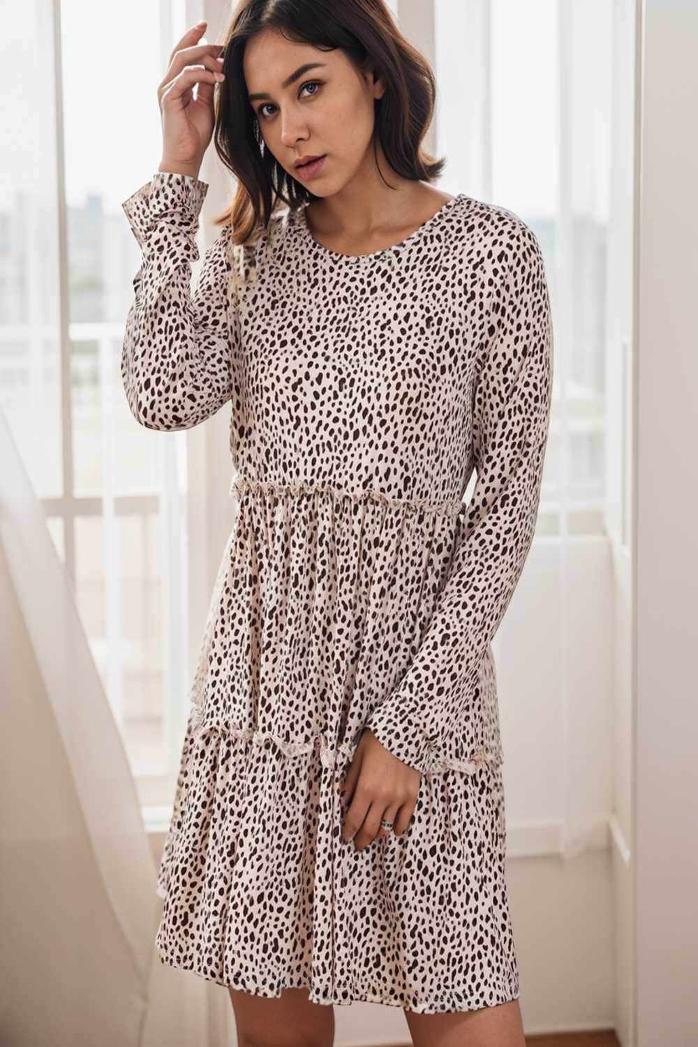 loose leopard print v neck dress drop shoulder a line closed cape paneled 127571