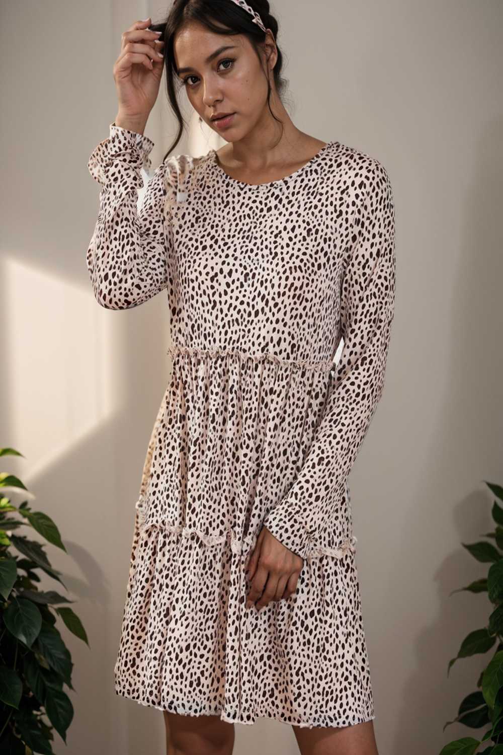 loose leopard print v neck dress drop shoulder a line closed cape paneled 133220