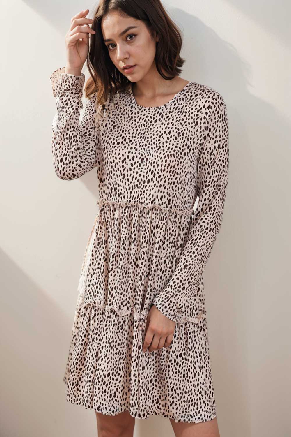 loose leopard print v neck dress drop shoulder a line closed cape paneled 118093