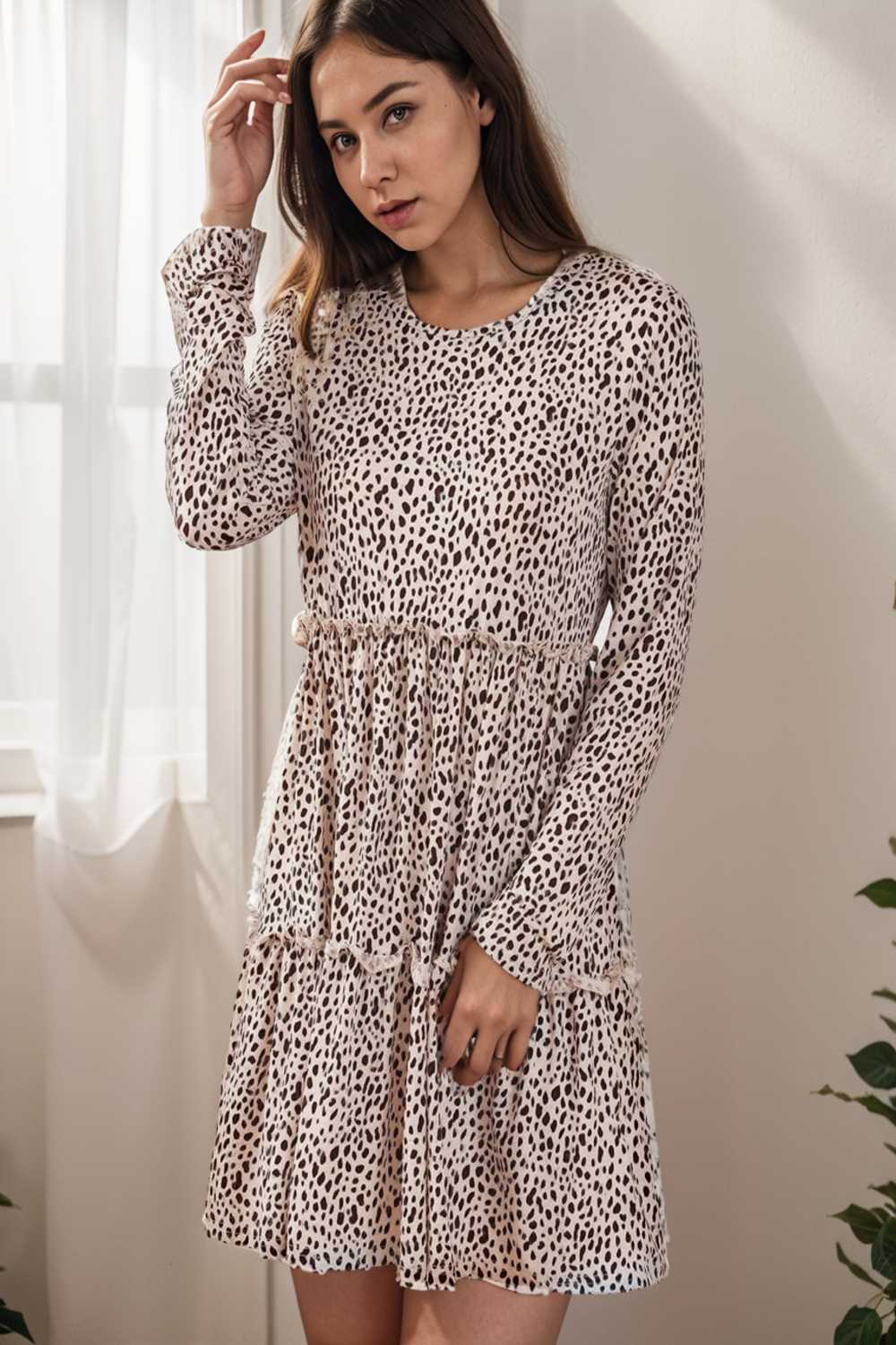 loose leopard print v neck dress drop shoulder a line closed cape paneled 143637