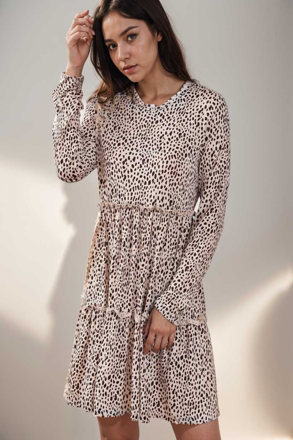 loose leopard print v neck dress drop shoulder a line closed cape paneled 118092