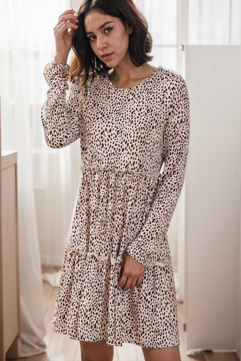 loose leopard print v neck dress drop shoulder a line closed cape paneled 133218